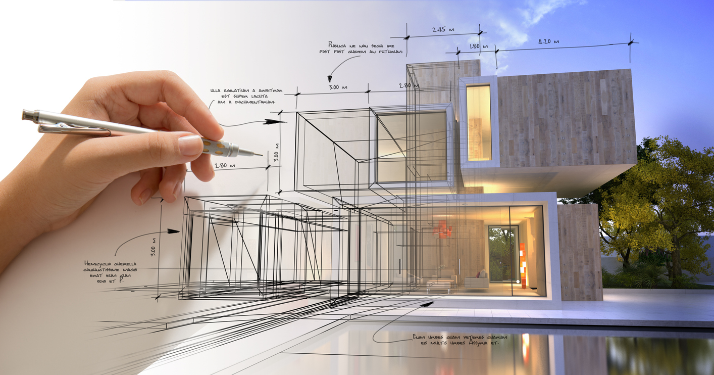 Hand sketching a designer villa with pool